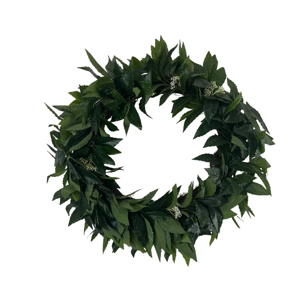 Green Laurel Leaf Artificial Wreath 18‎ Inch Grapevine Base White Berries Decor